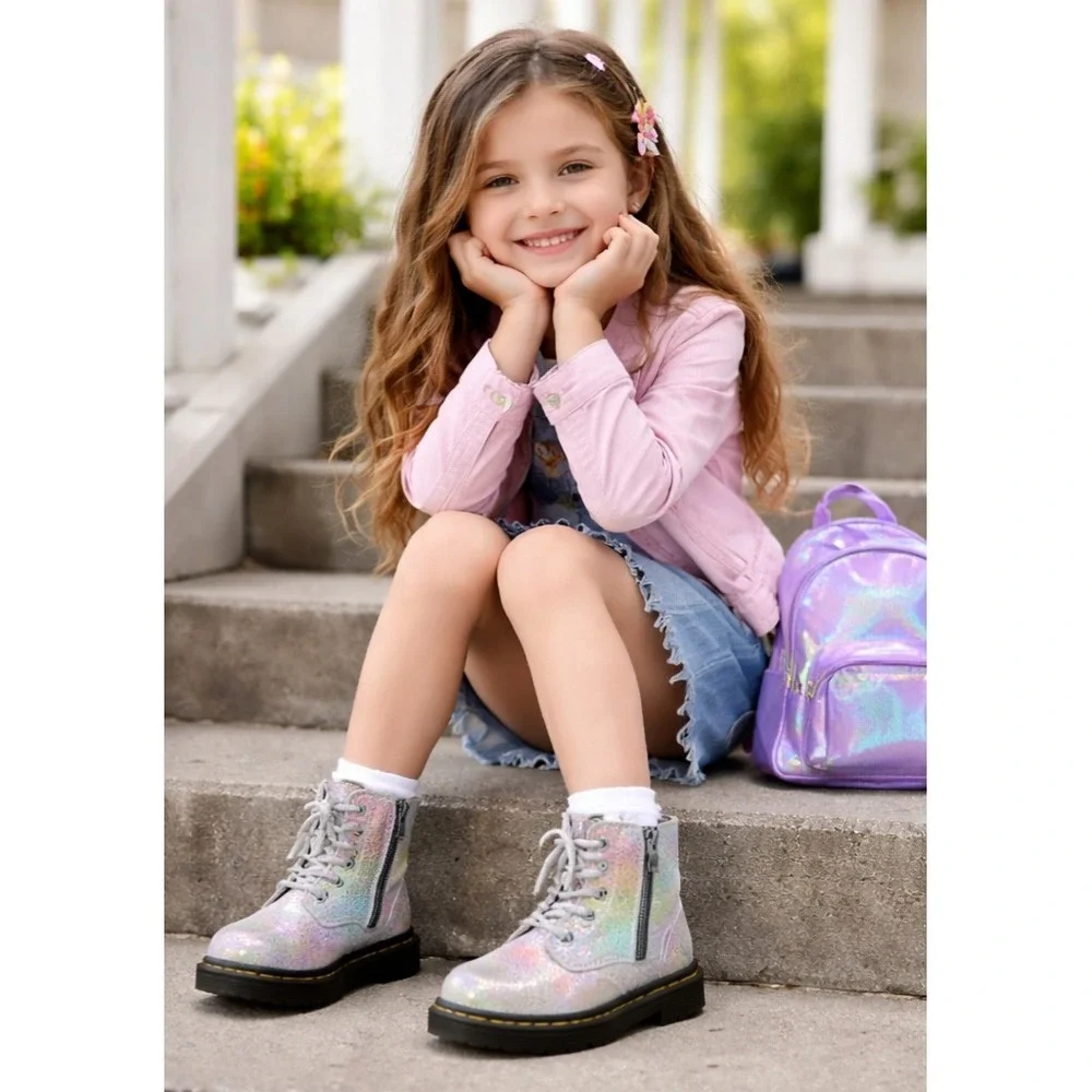 DR. MARTENS 1460 Pascal T Iridescent Glitter Lace-Up Boots Kids Size 10 US‎